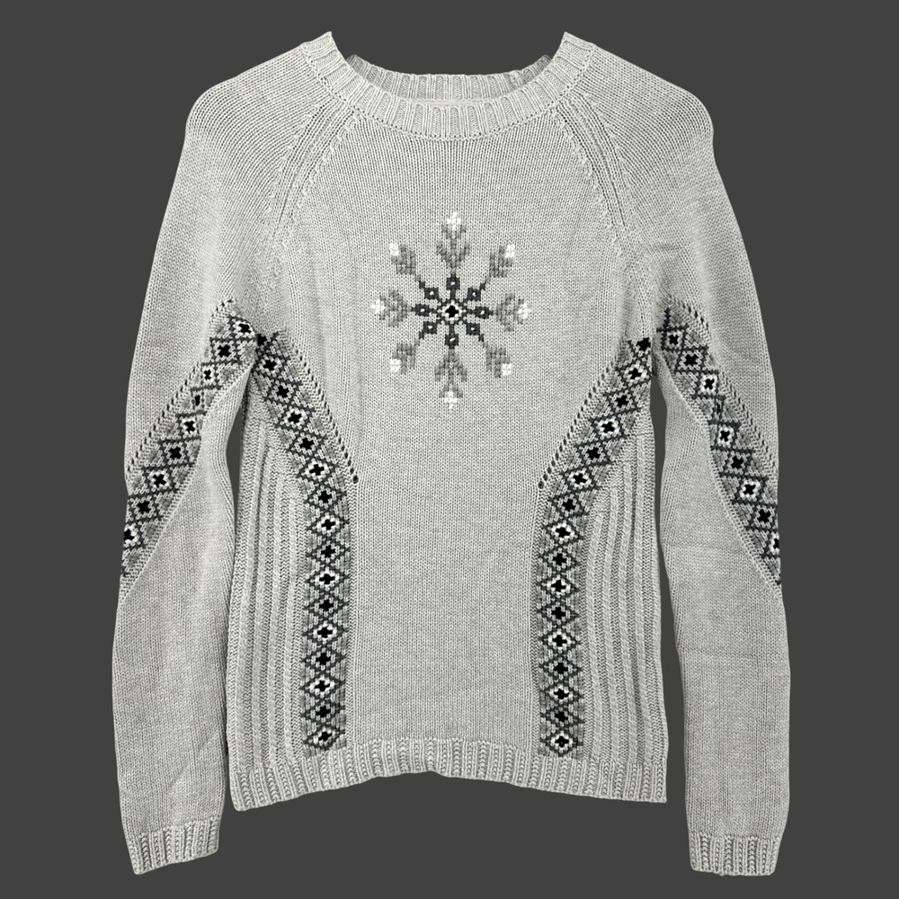 Orvis Womens XS Gray Snowflake Intarsia Wool Blend Knit Crew Neck Sweater Y2K